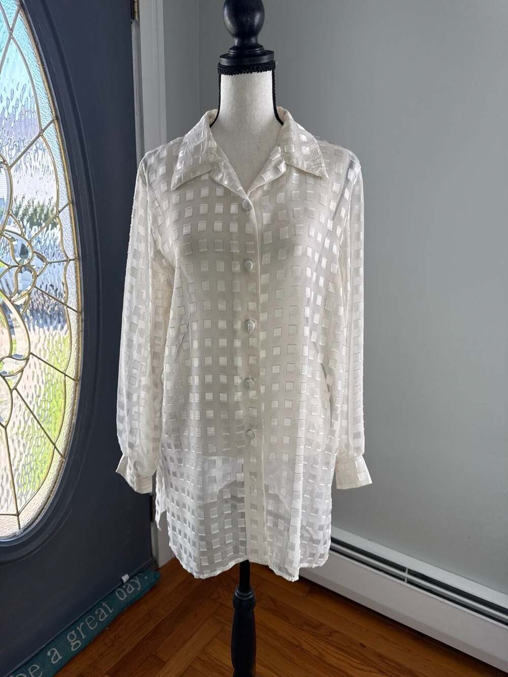 Marilyn B White Sheer Checkered Button Down Tunic Blouse